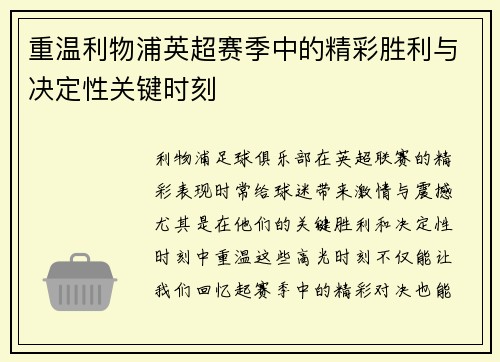 重温利物浦英超赛季中的精彩胜利与决定性关键时刻 重温利物浦英超赛季中的精彩胜利与决定性关键时刻